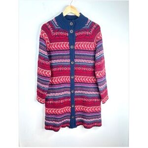 St Johns Bay Fair Isle Cardigan Duster M Long Tunic Nordic Cabin Fisherman Red